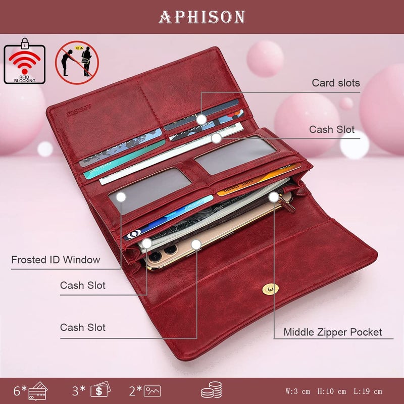 APHISON Womens Wallet RFID Long Trifold Clutch Purse PU leather Credit Card Holder Case for Ladies With Gift Box 2214 RED - Image 2